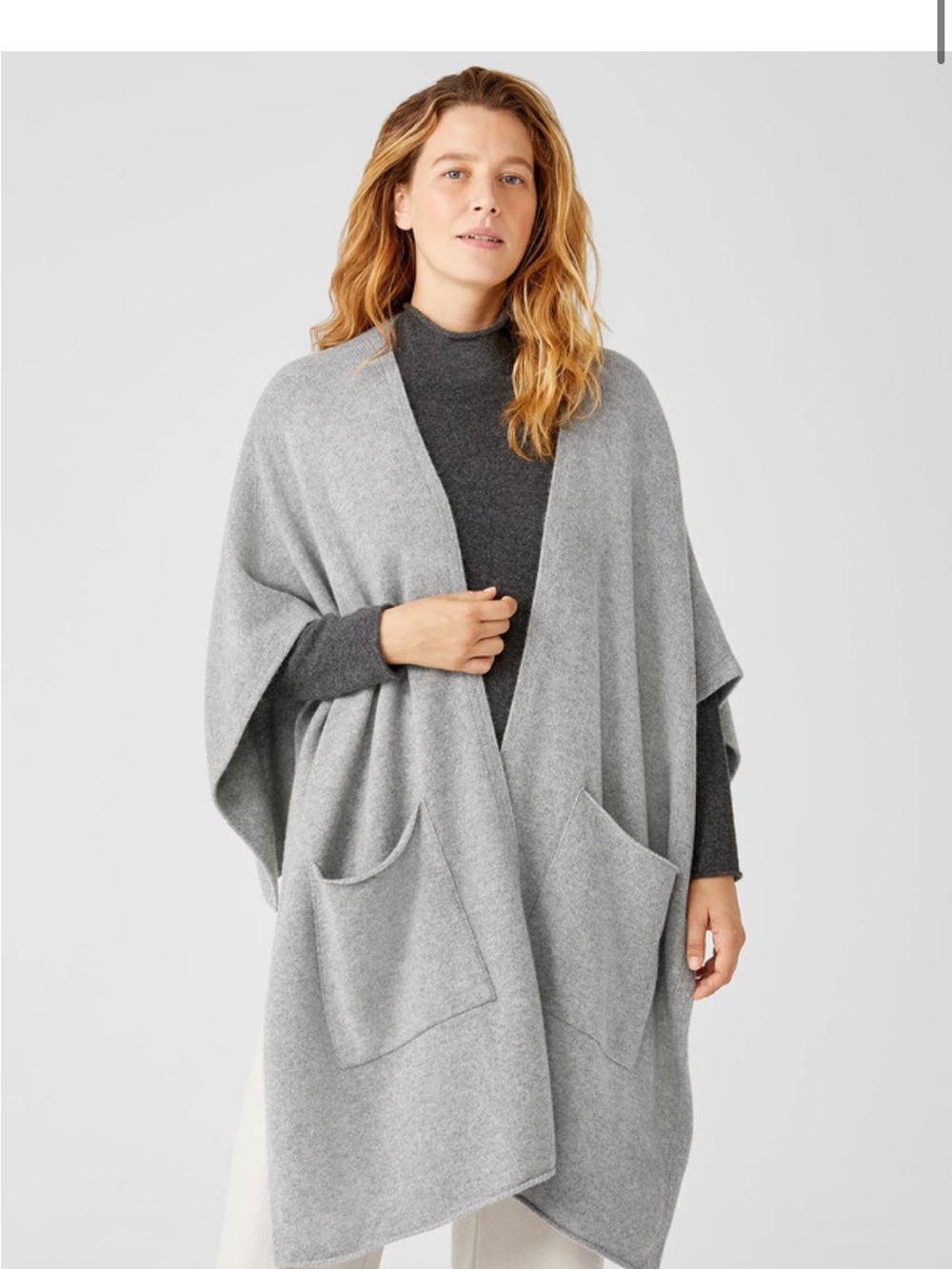 Eileen Fisher Beige and Gray Open-Front Poncho Wrap